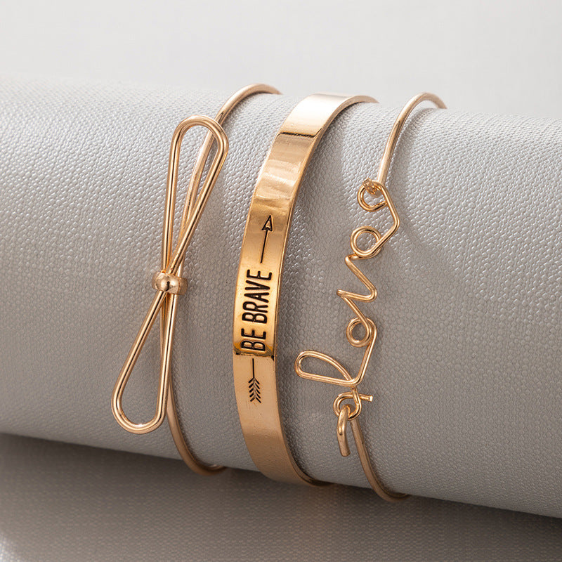 Letter Open Bracelet Set Geometric Bow Bangle Three piece Set