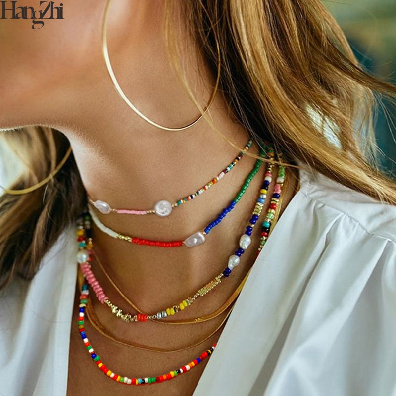 HangZhi New Bohemian Colorful Beads Weaving Handmade Baroque Simulated Pearl Necklace Clavicle Chain Choker Jewelry