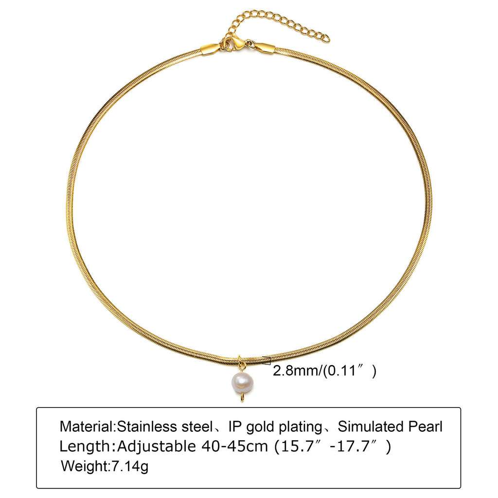 Stainless Steel Flat Snake Chain Single Pearl Pendant Women's Necklace Clavicle Chain Simple Personalized Jewelry