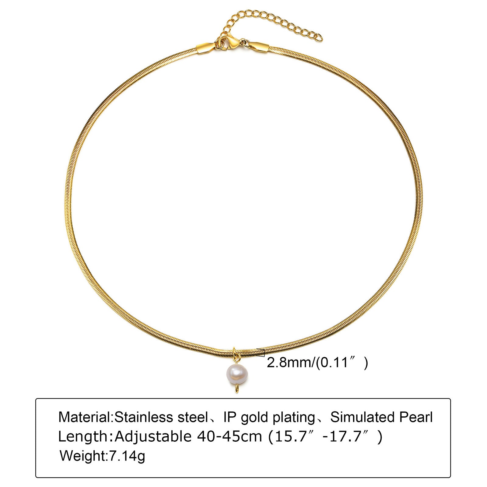 Stainless Steel Flat Snake Chain Single Pearl Pendant Women's Necklace Clavicle Chain Simple Personalized Jewelry