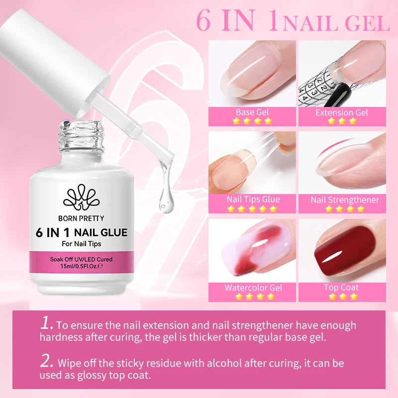 BORN PRETTY Gel adhesivo para uñas 6 en 1 de 15 ml para uñas acrílicas, capa base removible, capa superior, gel de extensión UV para uñas, gel para puntas de uñas postizas
