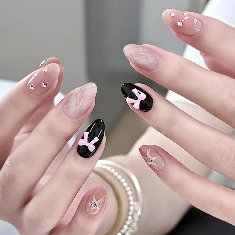 White French Press on Nails 3D Bowknot Fake Nails Tips Full Cover Wearable False Nails for Women and Girls DIY Manicure 24Pcs