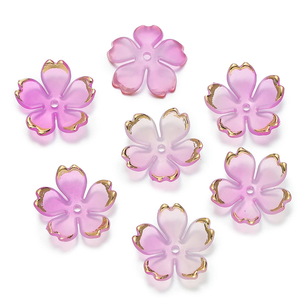 50pcs Cherry Blossoms Acrylic Beads Golden Brushed Patter Petals Charm Connector DIY Earrings Hair Jewelry Making Acessories