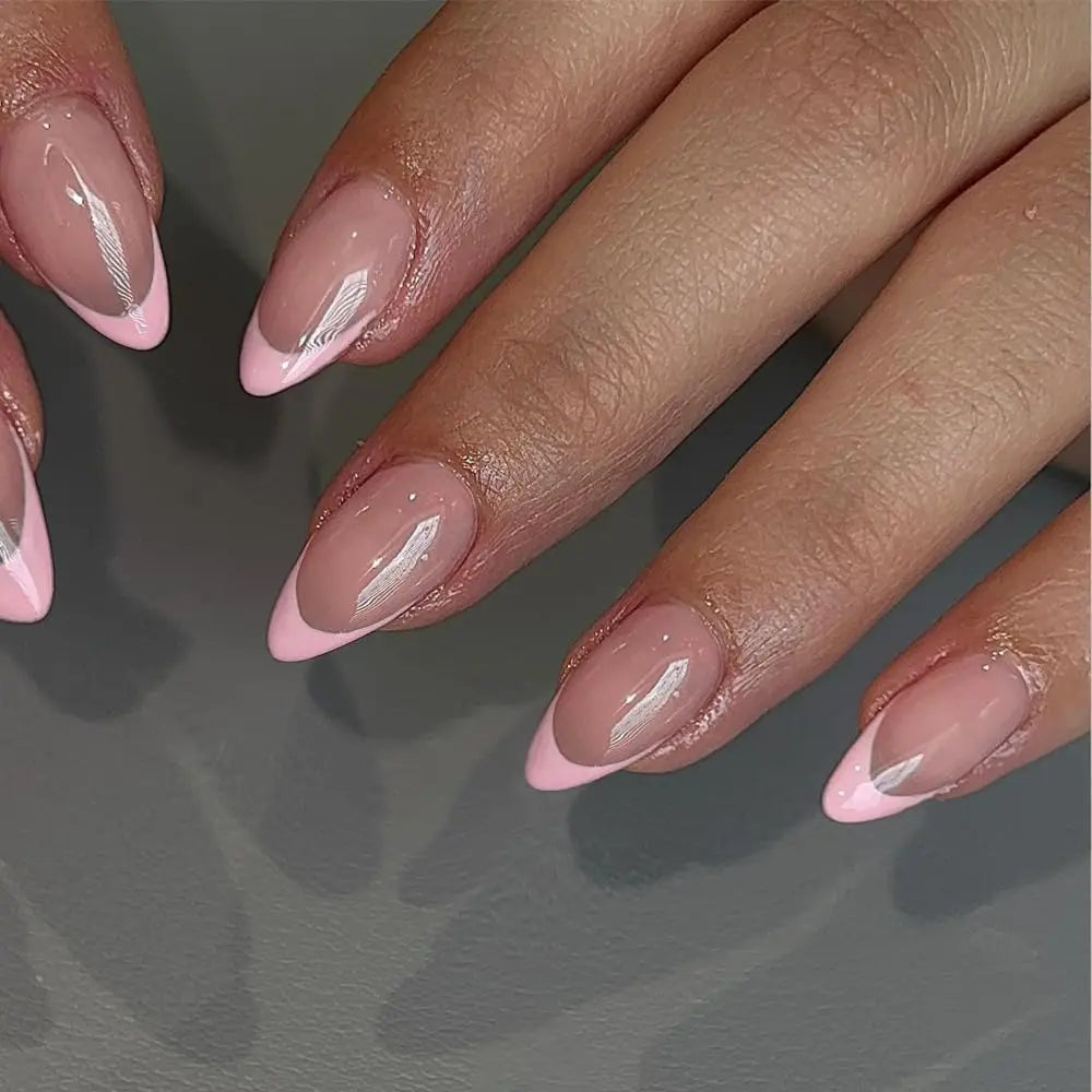 24pcs Long Almond Fake Nails White French Press on Nails Simple Full Cover Detachable Nail Tips