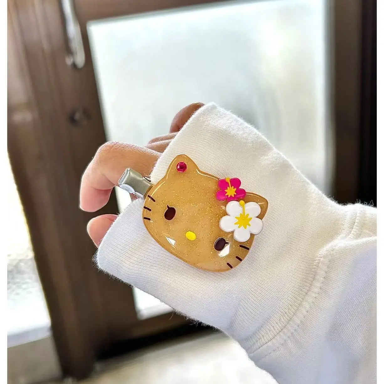 Fashion Sanrio Summer Hawaiian Black Leather Kitty Hair Clip Cute Girly Hello Kitty Side Hair Card Clip Jewelry