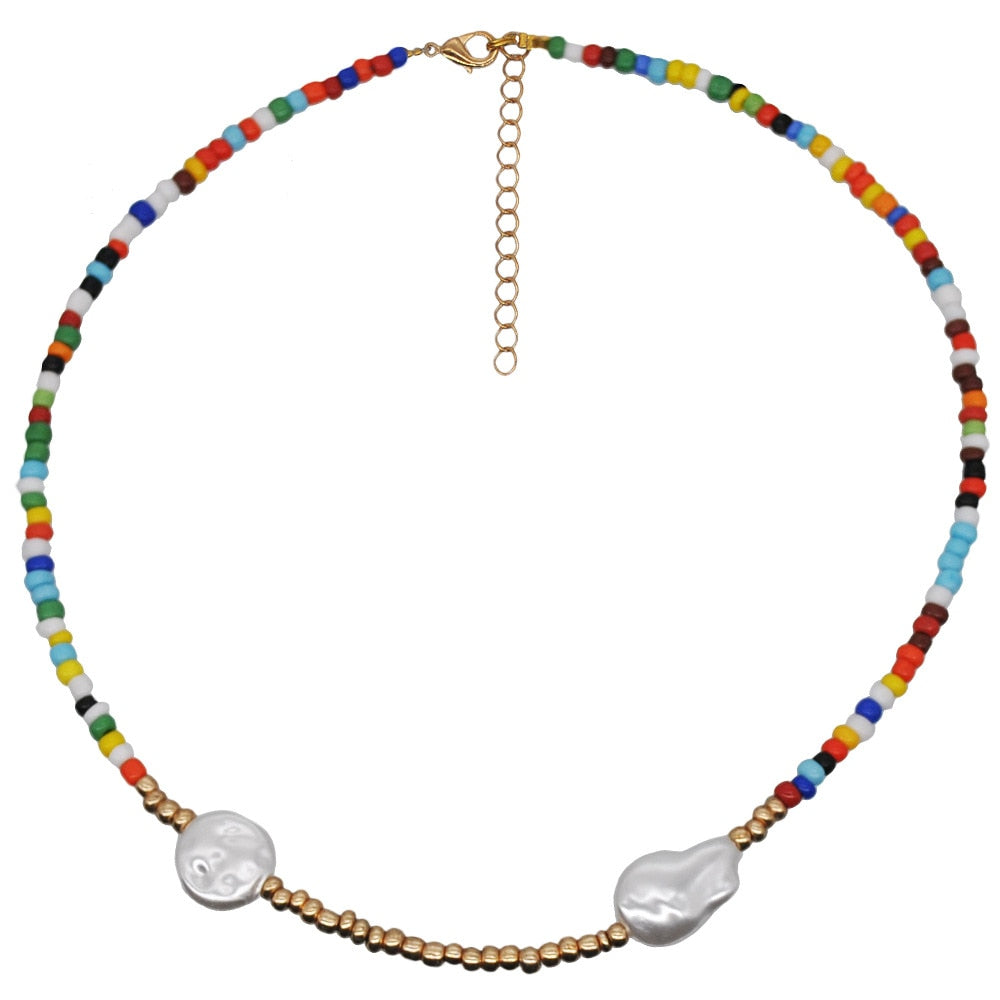 HangZhi New Bohemian Colorful Beads Weaving Handmade Baroque Simulated Pearl Necklace Clavicle Chain Choker Jewelry