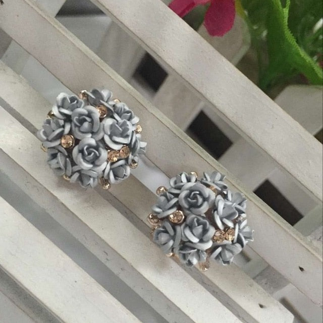 Fashion Blue Black Round Bouquet Crystal Rose Gold Wedding Flower Rhinestone Stud Earrings For Women Jewelry Earring Set