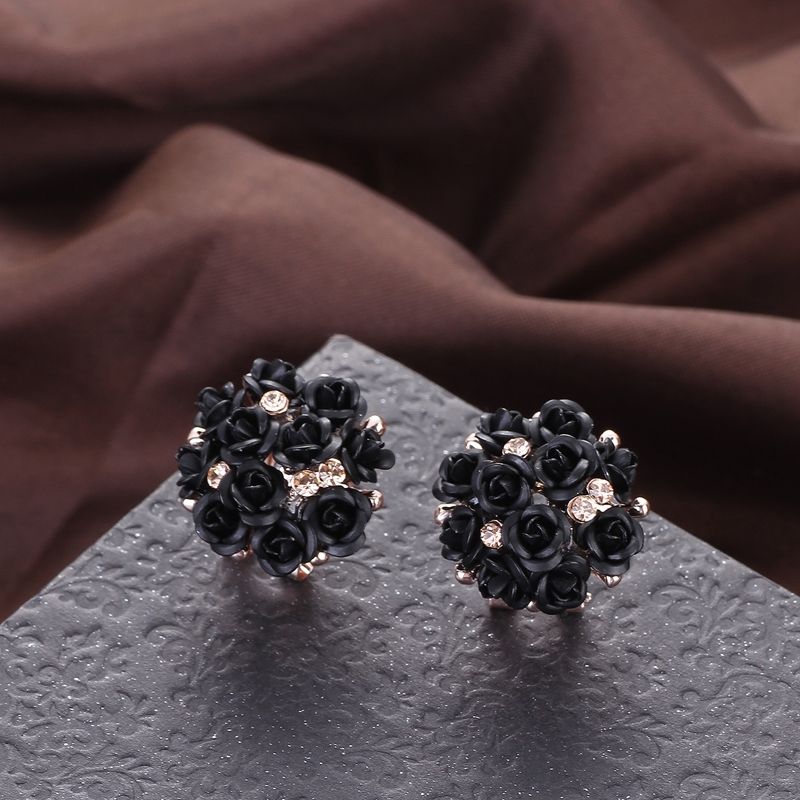 Fashion Blue Black Round Bouquet Crystal Rose Gold Wedding Flower Rhinestone Stud Earrings For Women Jewelry Earring Set