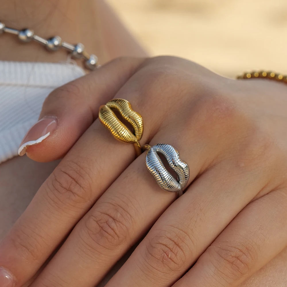Anillos de dedo de acero inoxidable con diseño de labios de moda, chapados en oro, joyería occidental, regalo para mujer