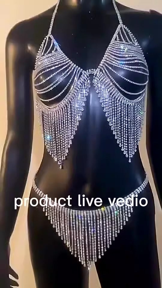 Rhinestone tassel bikini bra chain exaggerated full diamond suit body chain, beach shiny jewelry chain