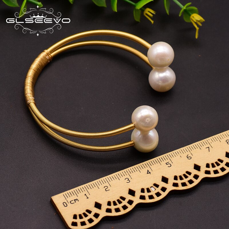 GLSEEVO Original Natural Fresh Water Pearl Double Layer Bangle For Women Wedding Bracelet Luxury Jewelry Brazalete Mujer GB0150