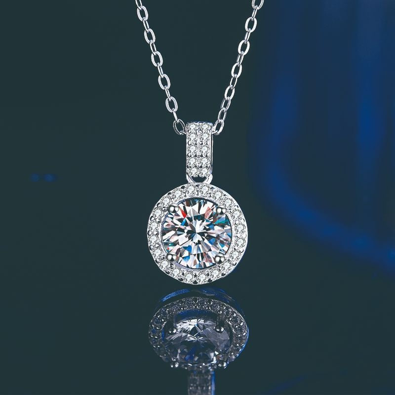 New S925 Round Zircon Necklace Silver Jewelry Mosan Diamond Pendant Clavicle Chain Fashion Simple Jewelry Girl