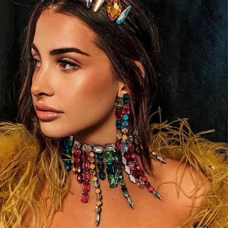 Exaggerate Colorful Large Crystal Necklace Aesthetic Jewelry for Women Square Rhinestone Tassel Choker Necklace Christmas Gifts