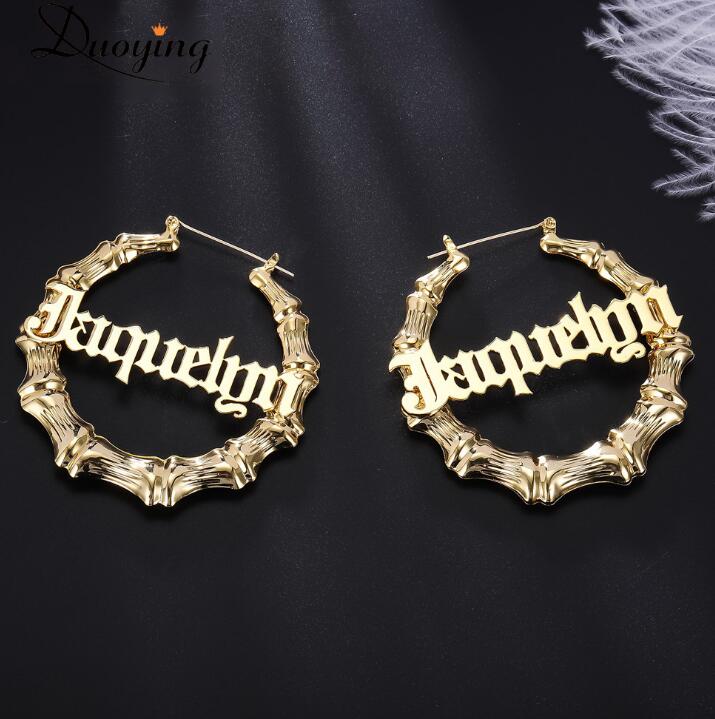 DOREMI Stainless Steel Bamboo Hoop Earrings Customize Name Earrings Bamboo Style Custom Hoop Earring With Statement Words Number