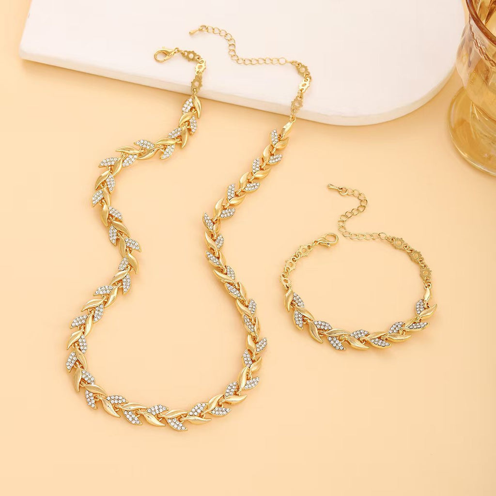 Fashionable European &amp; American Style Luxury Leaf-Shaped Rhinestone Bracelet and Necklace Set, Sparkling Mermaid Full Rhinestone Party Jewelry for Women
