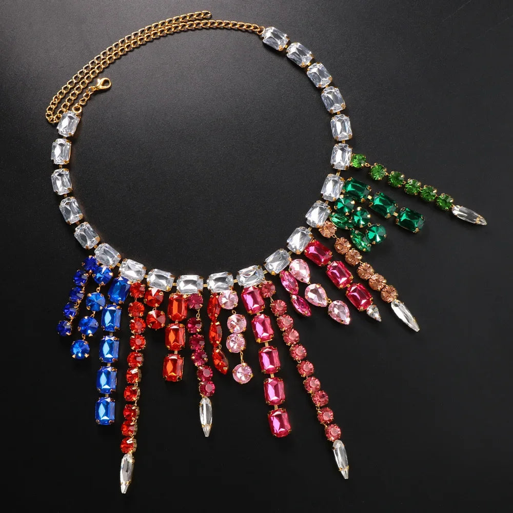Exaggerate Colorful Large Crystal Necklace Aesthetic Jewelry for Women Square Rhinestone Tassel Choker Necklace Christmas Gifts