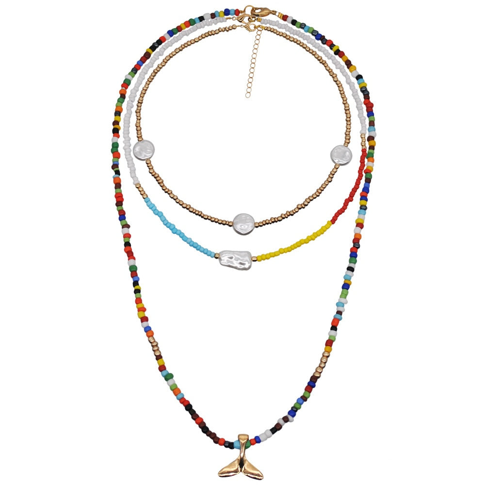 HangZhi New Bohemian Colorful Beads Weaving Handmade Baroque Simulated Pearl Necklace Clavicle Chain Choker Jewelry