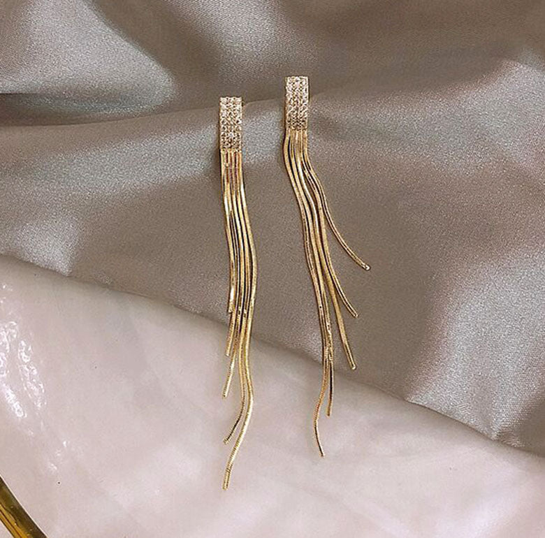 S925 Silver Needle Temperament Rhinestone Chain Earrings European And American Long Tassel Earring