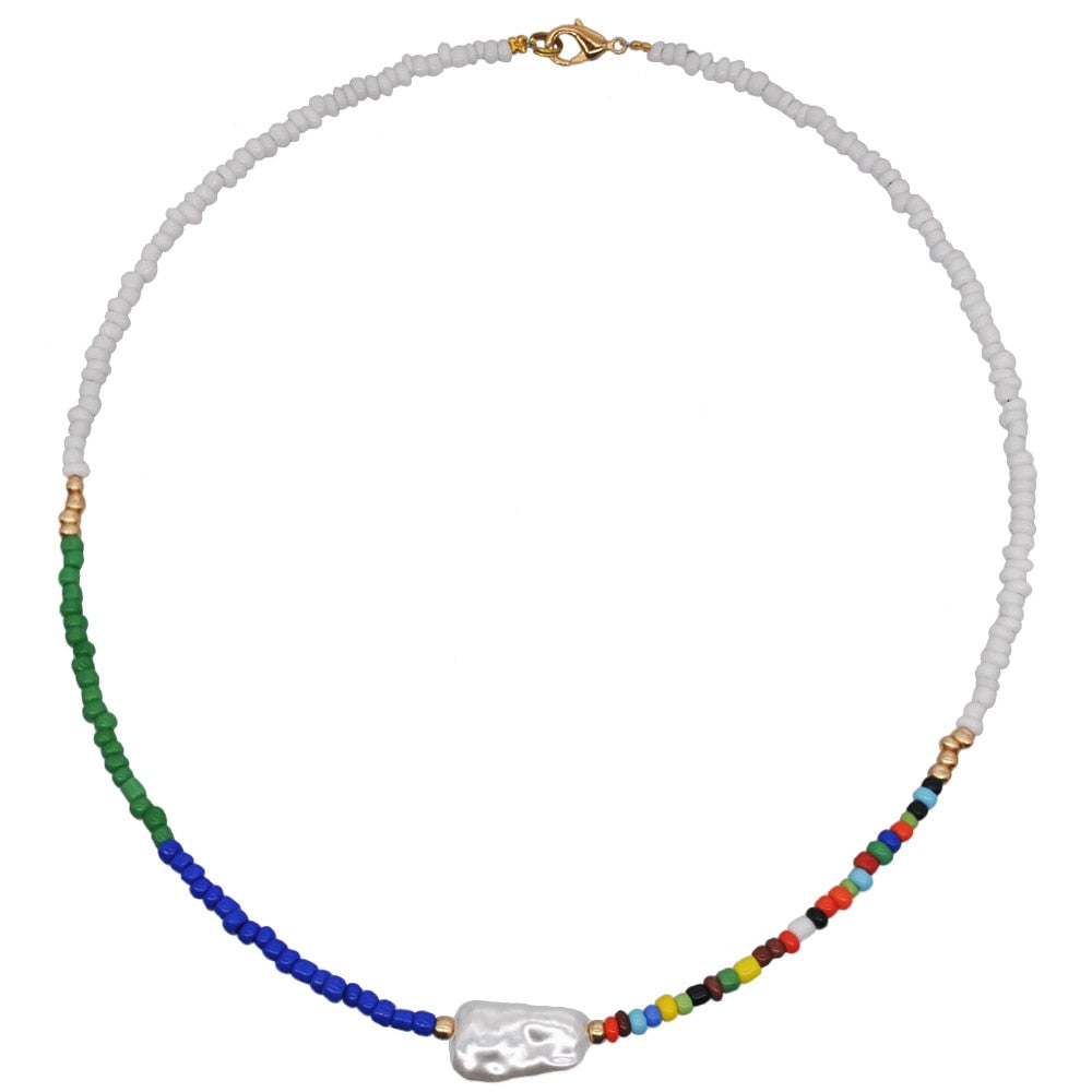 HangZhi New Bohemian Colorful Beads Weaving Handmade Baroque Simulated Pearl Necklace Clavicle Chain Choker Jewelry