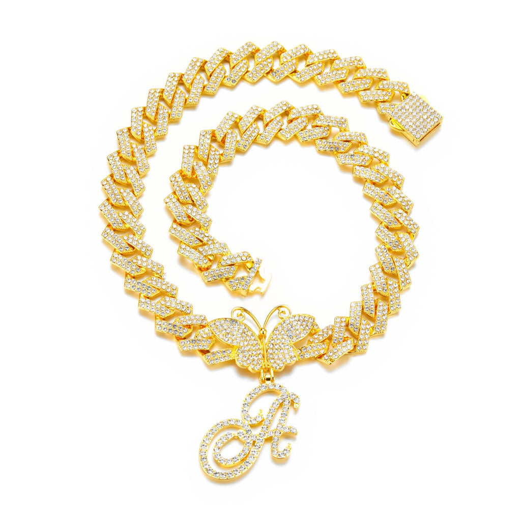 Cadena cubana de 18 pulgadas con colgante de mariposa y letra, cadena cubana con diamantes completos, cadena gruesa exagerada personalizada, joyería de hiphop.