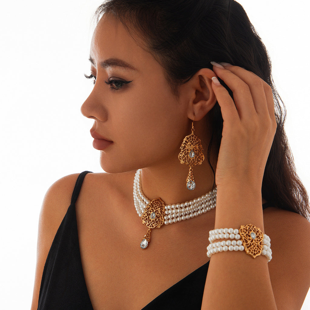 Light luxury square rhinestone necklace choker retro imitation pearl bead set necklace