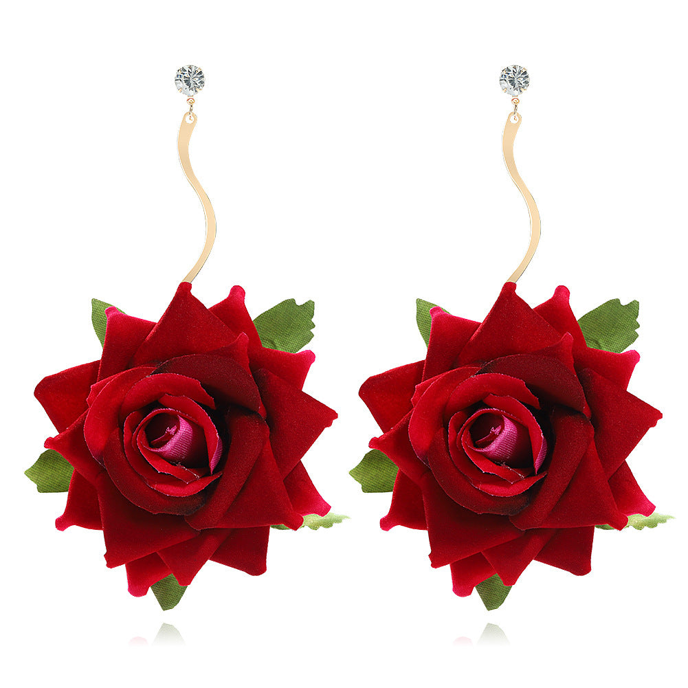Exaggerated 3D Rose Drop Earrings Bridal Photo Shoot Ear Jewelry Wholesale