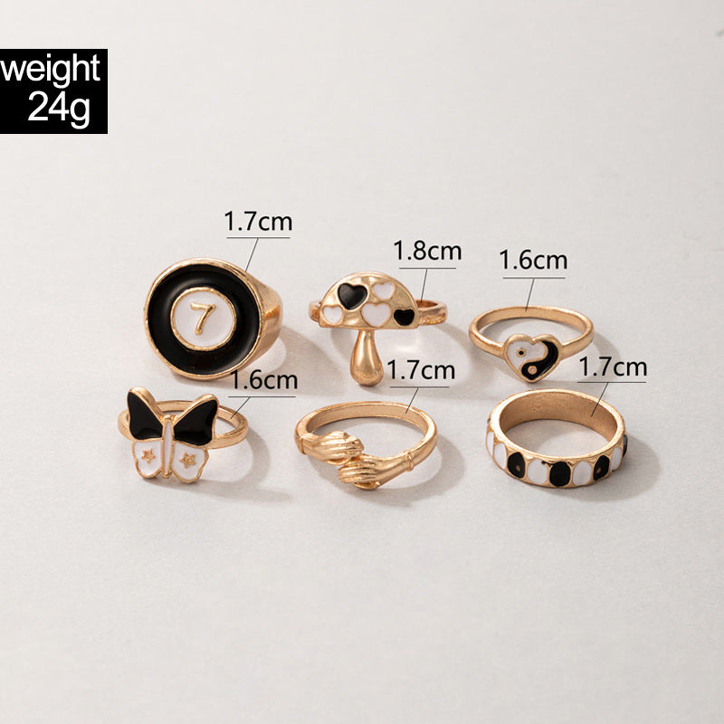 Black Tai Chi Butterfly Mushroom Love Element 6 Piece Rings