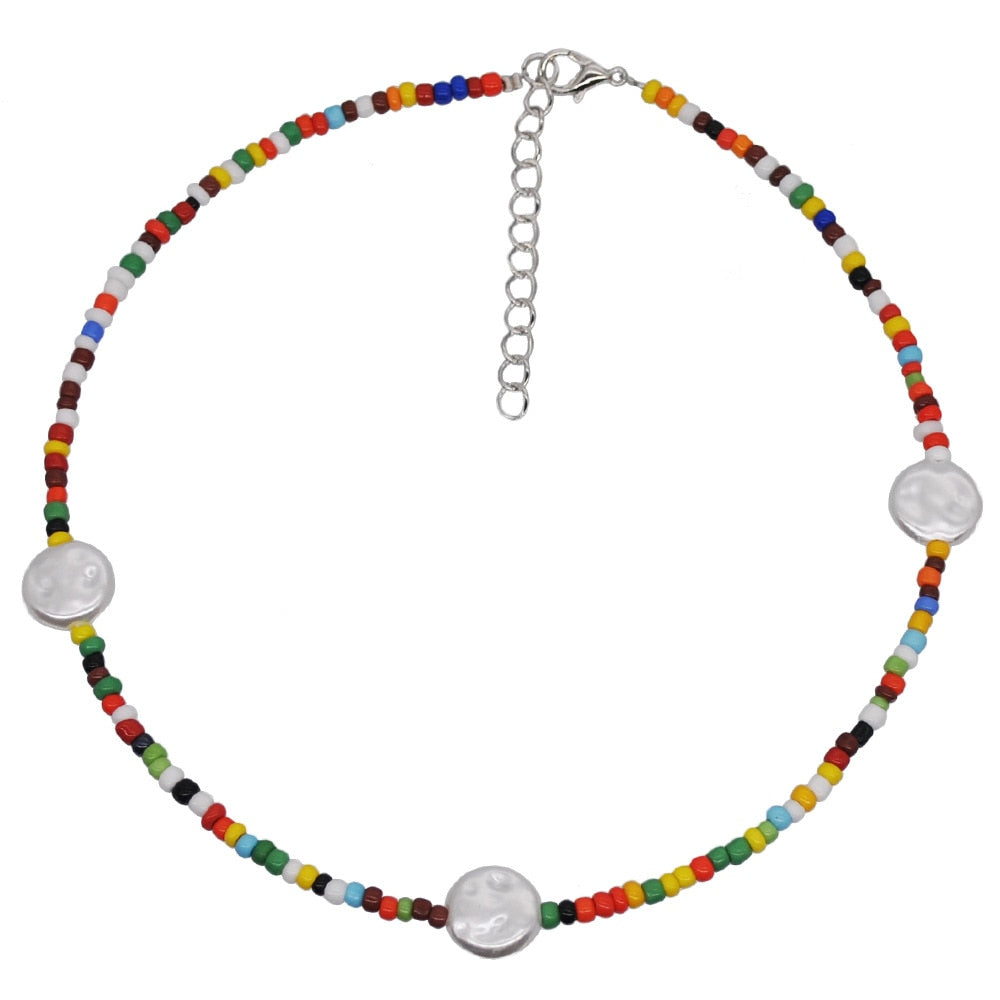HangZhi New Bohemian Colorful Beads Weaving Handmade Baroque Simulated Pearl Necklace Clavicle Chain Choker Jewelry