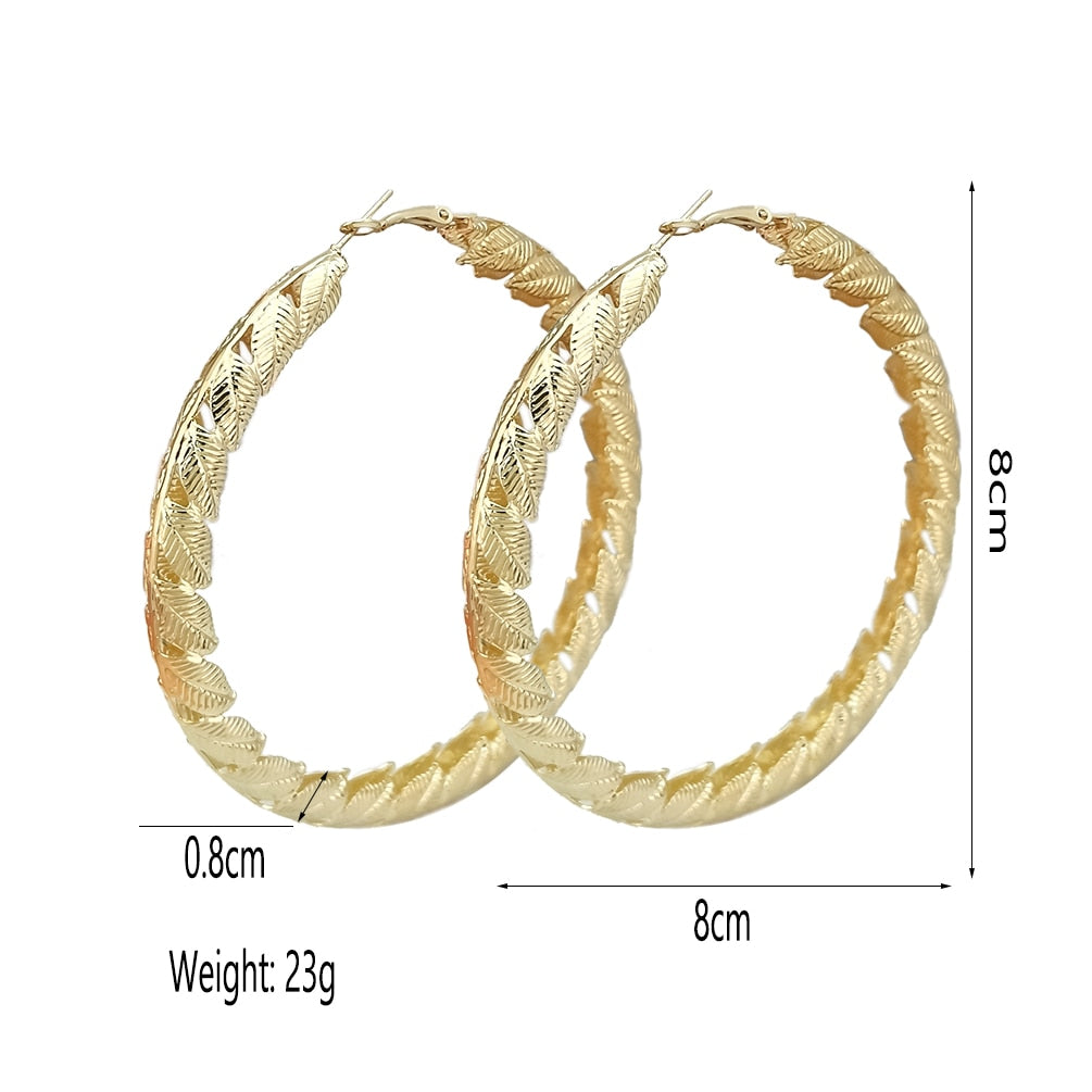 8cm Chunky Metal Leaves Big Hoop Earrings Gold Color Round Punk Statement Earring Women Hiphop Jewelry Fashion Accessories