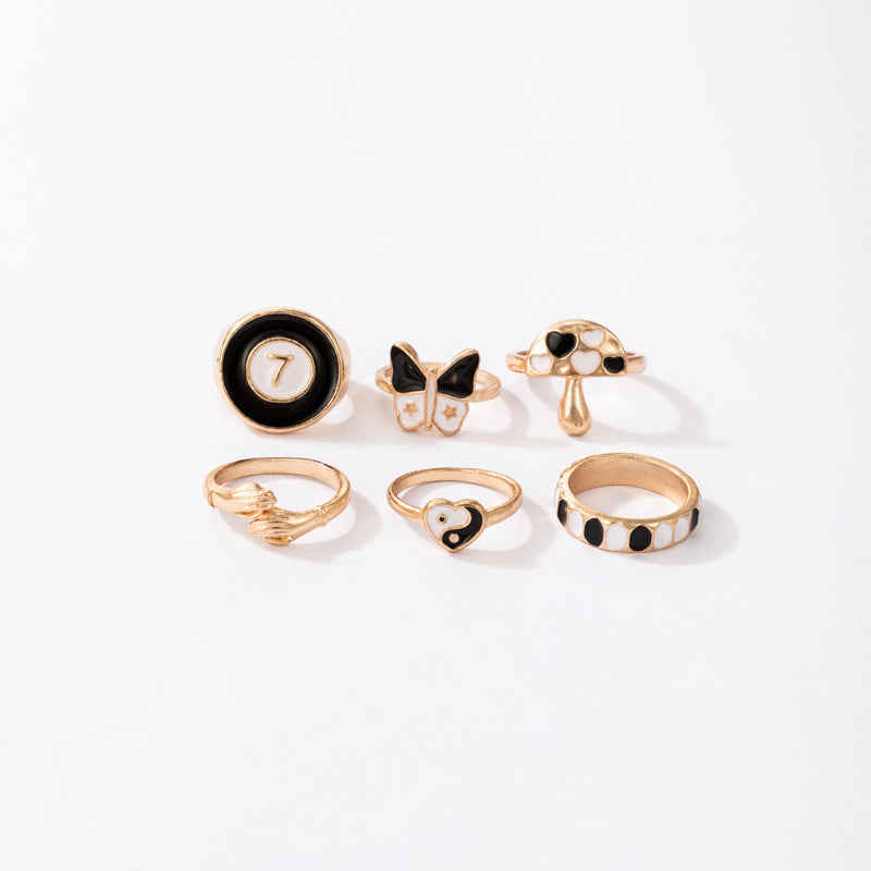 Black Tai Chi Butterfly Mushroom Love Element 6 Piece Rings