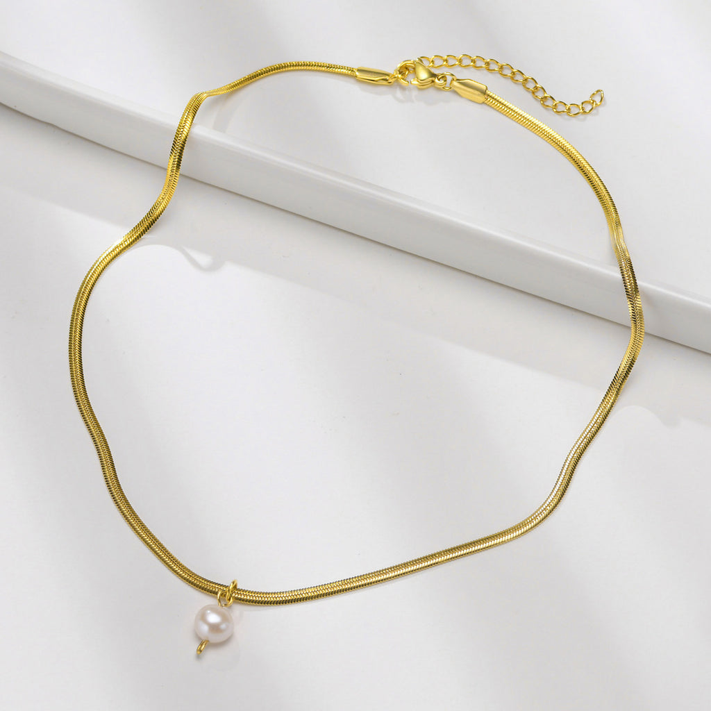 Stainless Steel Flat Snake Chain Single Pearl Pendant Women's Necklace Clavicle Chain Simple Personalized Jewelry