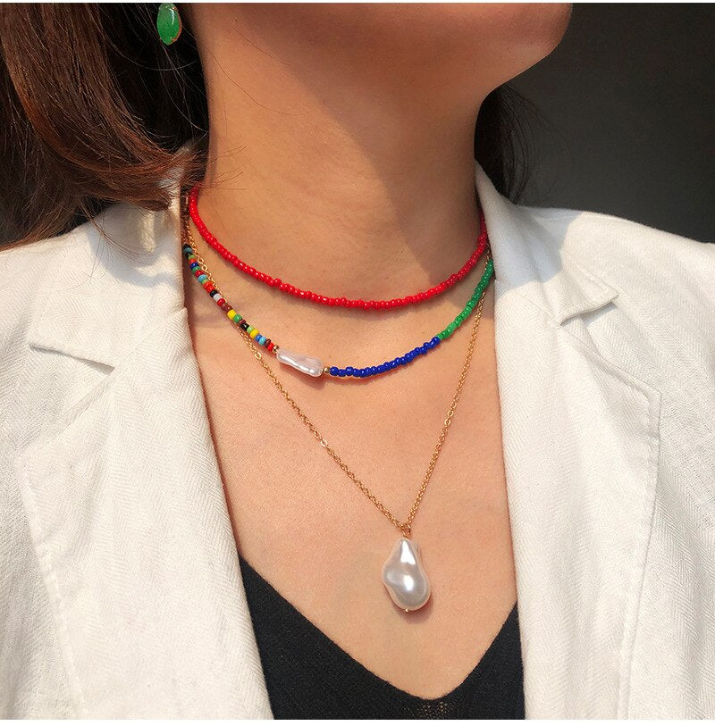 HangZhi New Bohemian Colorful Beads Weaving Handmade Baroque Simulated Pearl Necklace Clavicle Chain Choker Jewelry
