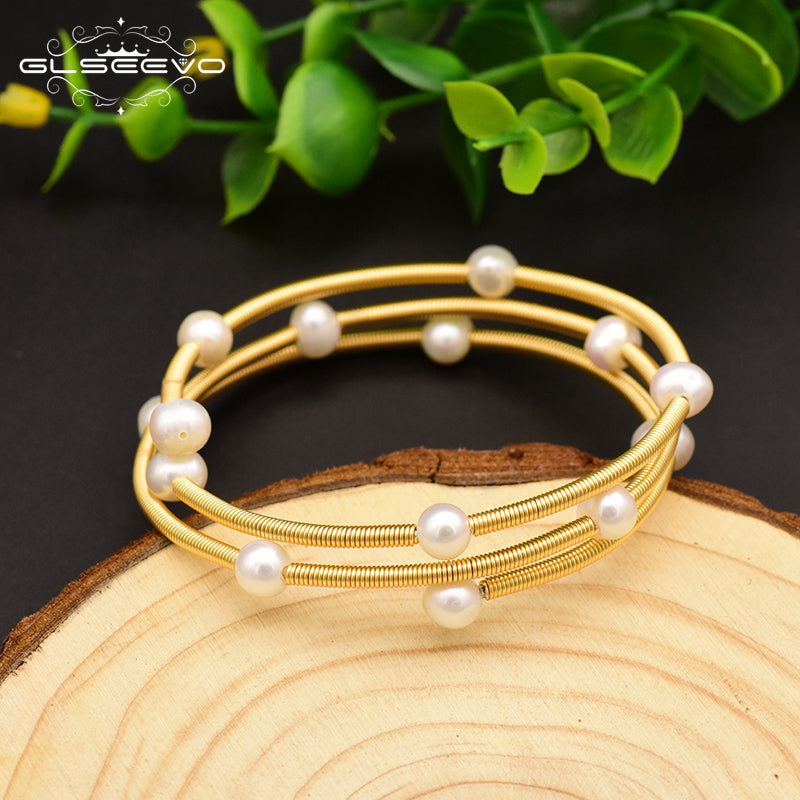 GLSEEVO Handmade Natural Fresh Water Pearl Multi-storey Adjustable Bangle For Women Wedding Party Jewelry Pulseras Mujer GB0119
