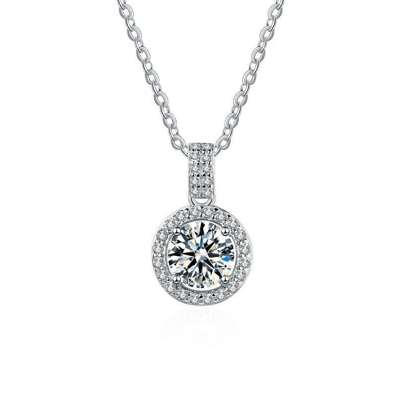 New S925 Round Zircon Necklace Silver Jewelry Mosan Diamond Pendant Clavicle Chain Fashion Simple Jewelry Girl