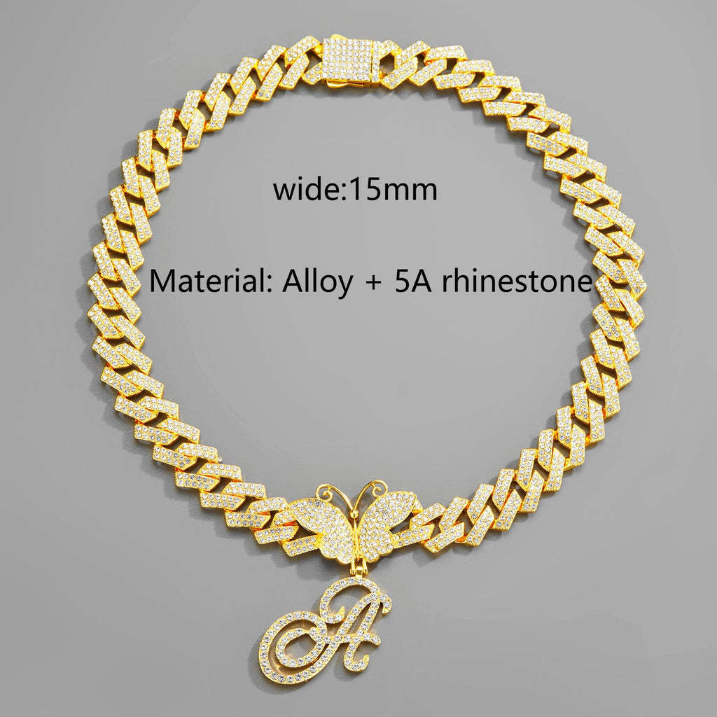 Cadena cubana de 18 pulgadas con colgante de mariposa y letra, cadena cubana con diamantes completos, cadena gruesa exagerada personalizada, joyería de hiphop.