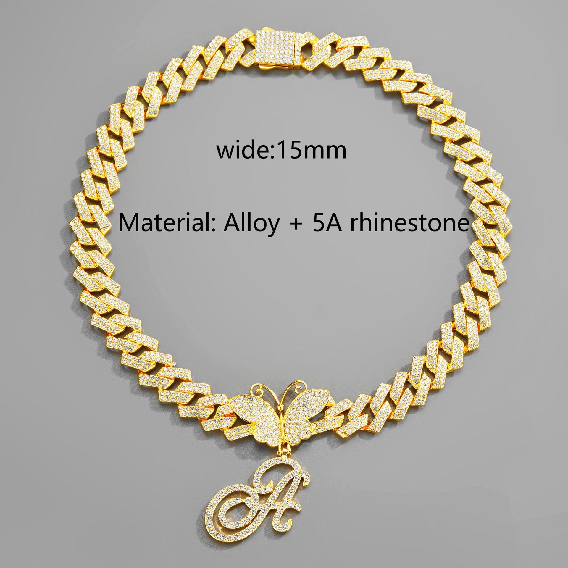 18inch  Cuban Chain Butterfly Letter Full Diamond Pendant Cuban Chain Personalized Exaggerated Thick Chain Hiphop Jewelry