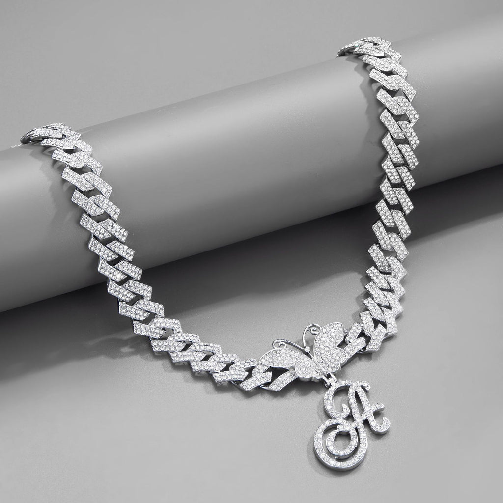 Cadena cubana de 18 pulgadas con colgante de mariposa y letra, cadena cubana con diamantes completos, cadena gruesa exagerada personalizada, joyería de hiphop.