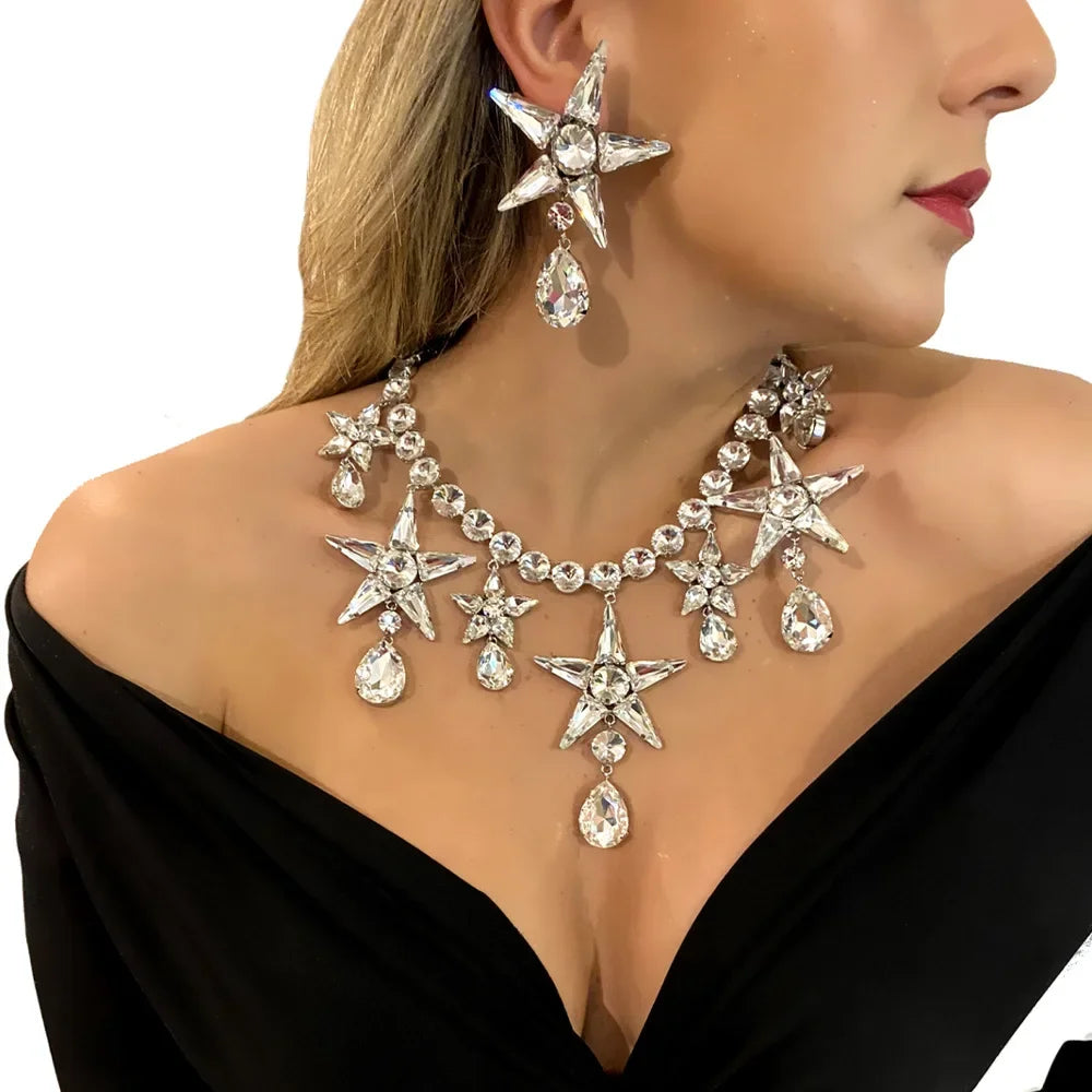 Rhinestone Star Water Drop Dangle Necklace Sets for Women Designer Irregular Necklace Earrings Sets Wedding Jewelry Sets Gift