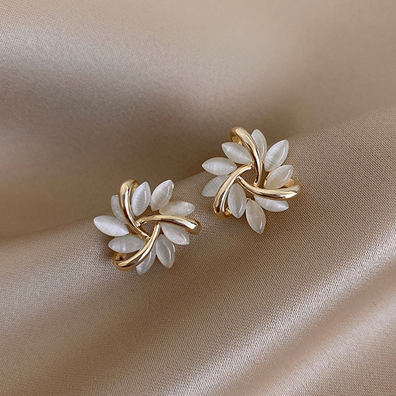 Exquisite Oval Geometric Irregular Rhinestone Opal Earrings Flower Leaves Opal Earrings