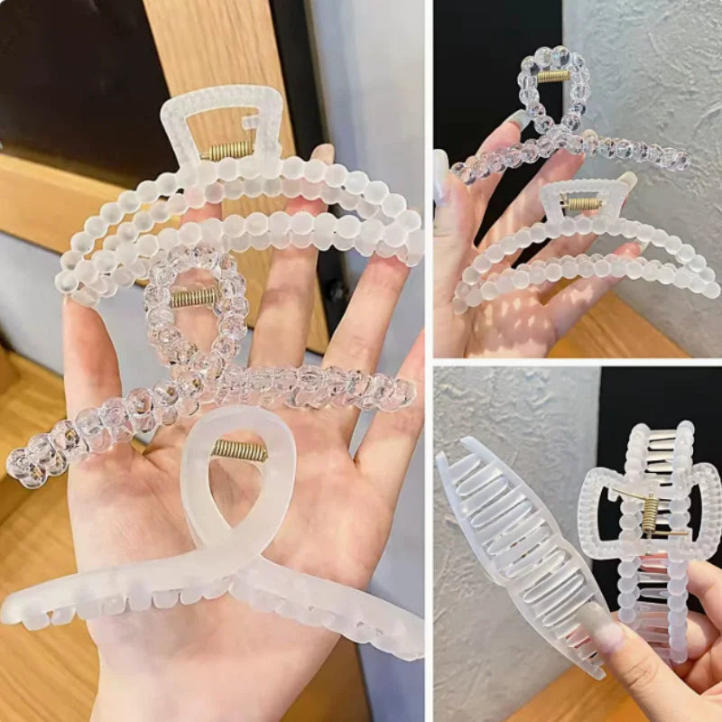 3Pcs 4.5-Inch Large Clear Beaded Hair Claw Clips, Transparent Crystal Hair Jaw Clips for Women Girls, Non-slip Strong Hold for T