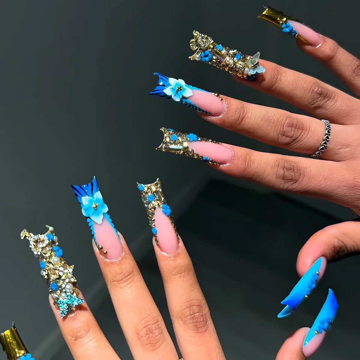 24Pcs Long Square Press on Nails Leopard Print French 3D Cherry Design False Nail Rhinestone Wearable Full Cover Fake Nails Tips