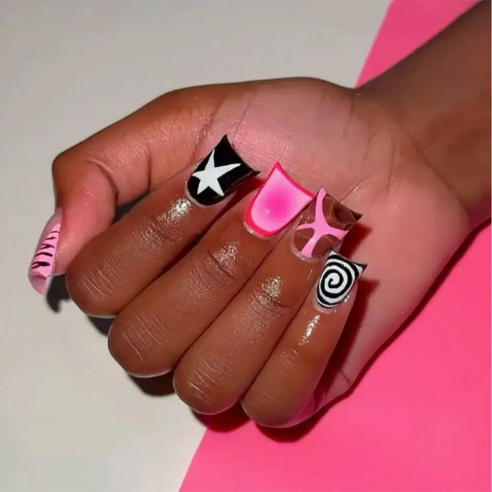24pcs Long Ducknail Black French Tip Press On Nails 3D Alloy Cross, Snake-Shaped Decoration With Rhinestone Design Fit Perfectly
