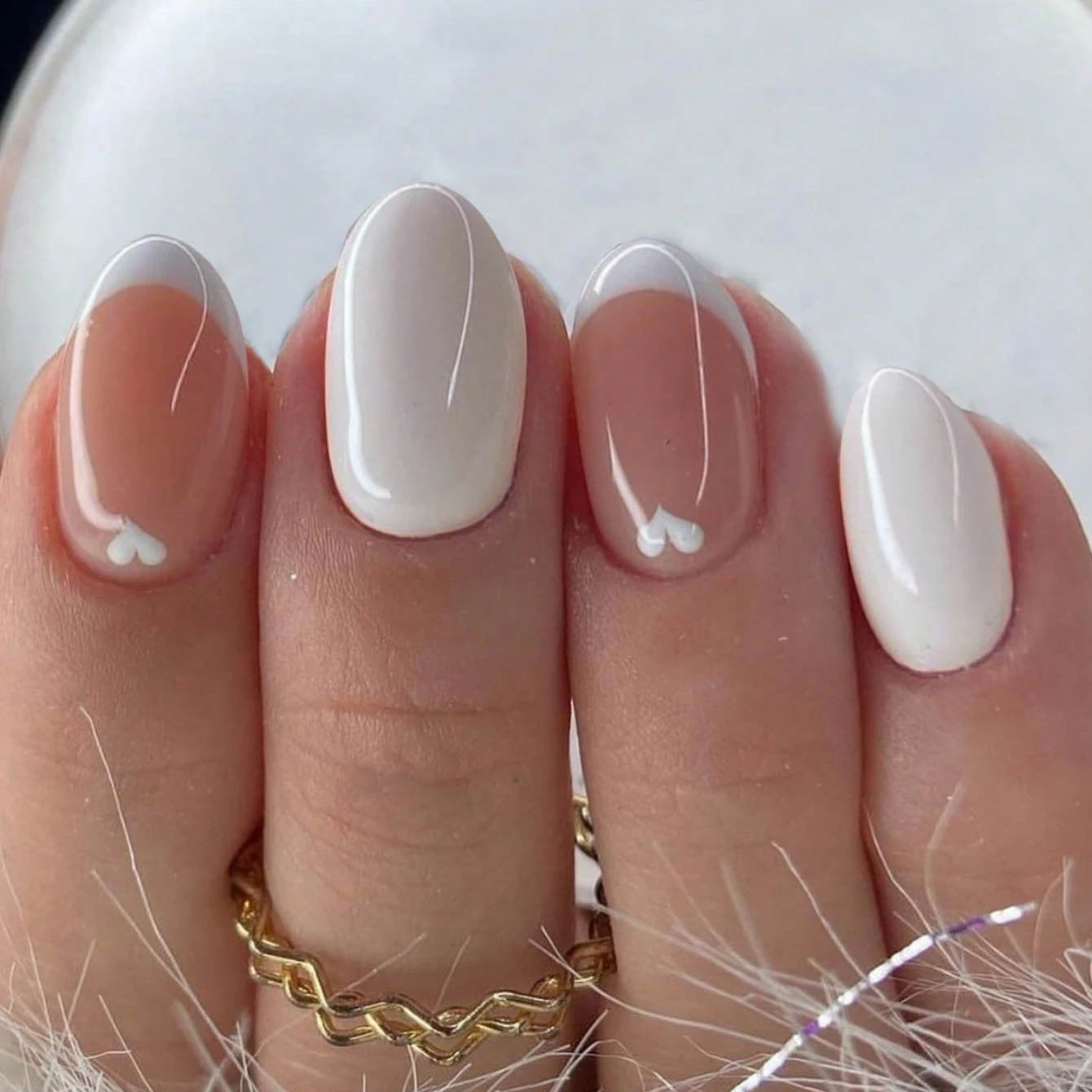 24pcs Long Almond Fake Nails White French Press on Nails Simple Full Cover Detachable Nail Tips