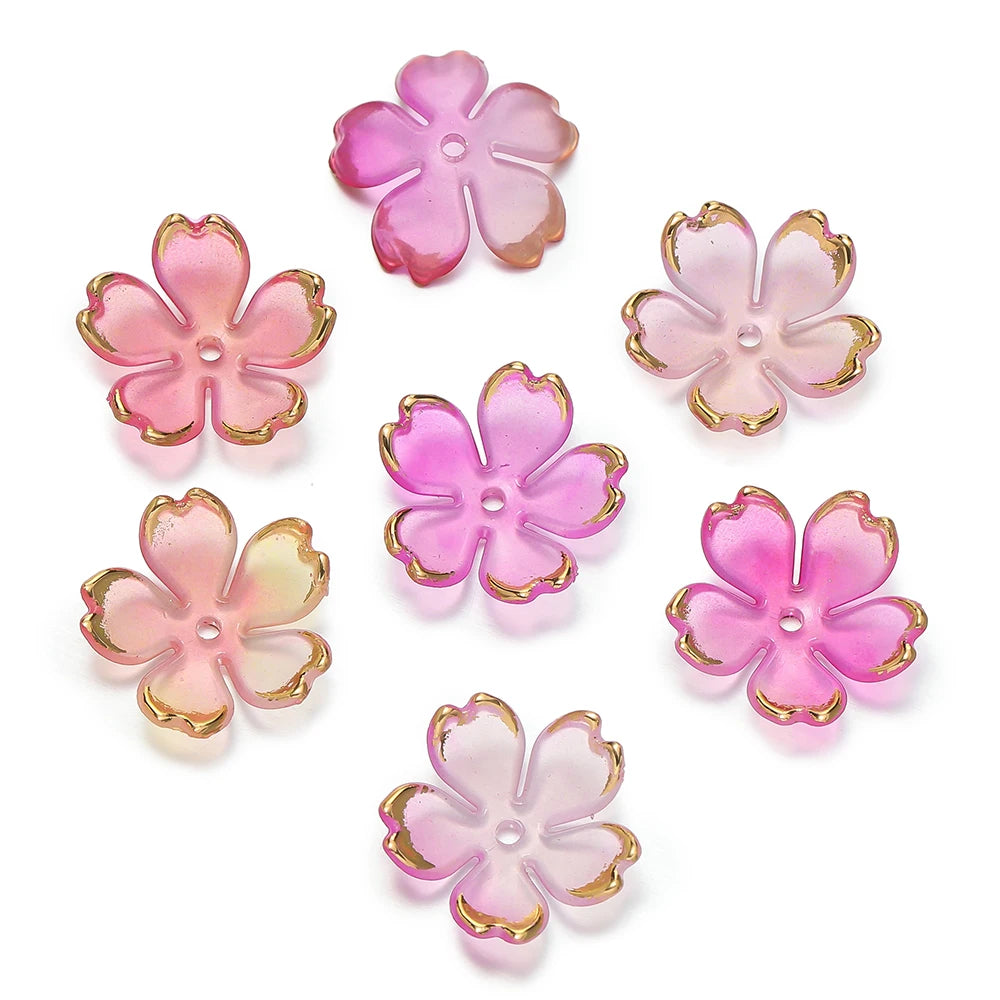 50pcs Cherry Blossoms Acrylic Beads Golden Brushed Patter Petals Charm Connector DIY Earrings Hair Jewelry Making Acessories