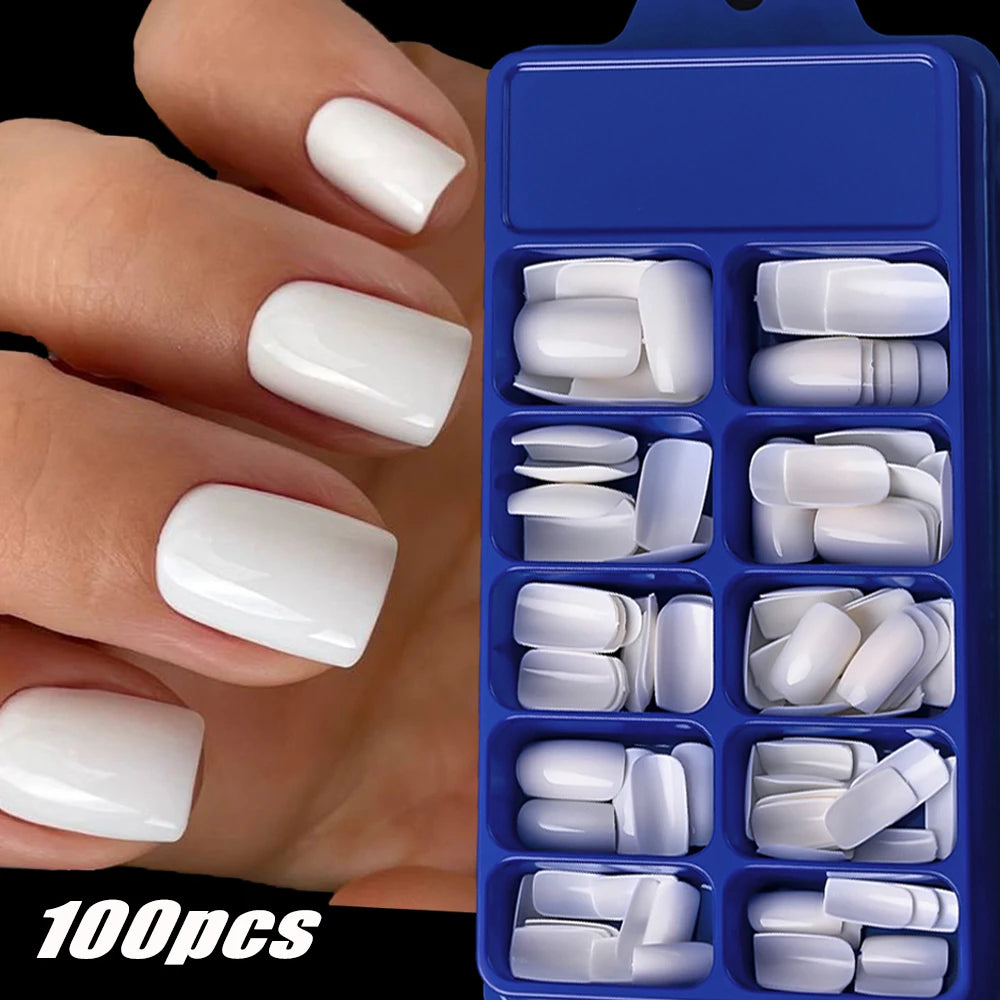 100Pcs Light Pink Press on Nails Short Medium Square Wearable Fake Nails Tips 10 Sizes Full Cover False Nails Finger Decoration