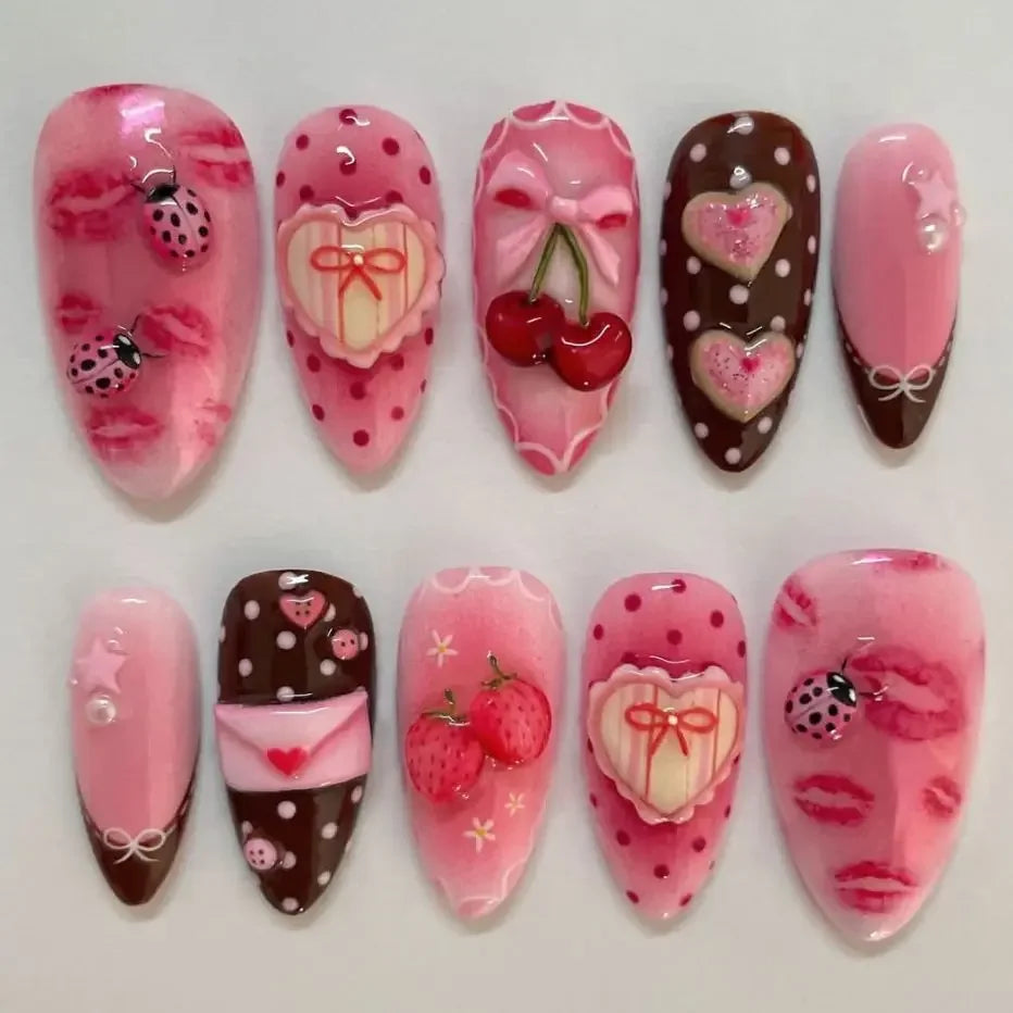 24Pcs Pink Jelly Long Stiletto 3D Flower Pearl Glazed Glass Press On Nails Sweet Style DIY Manicure