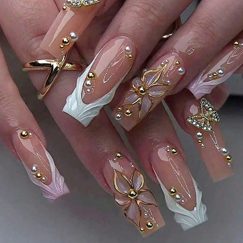 24Pcs Sweet Medium Square False Nails with Glue Blush Pink Flowers Fake Nails Full Cover French Acrylic Press on Nails for Girls