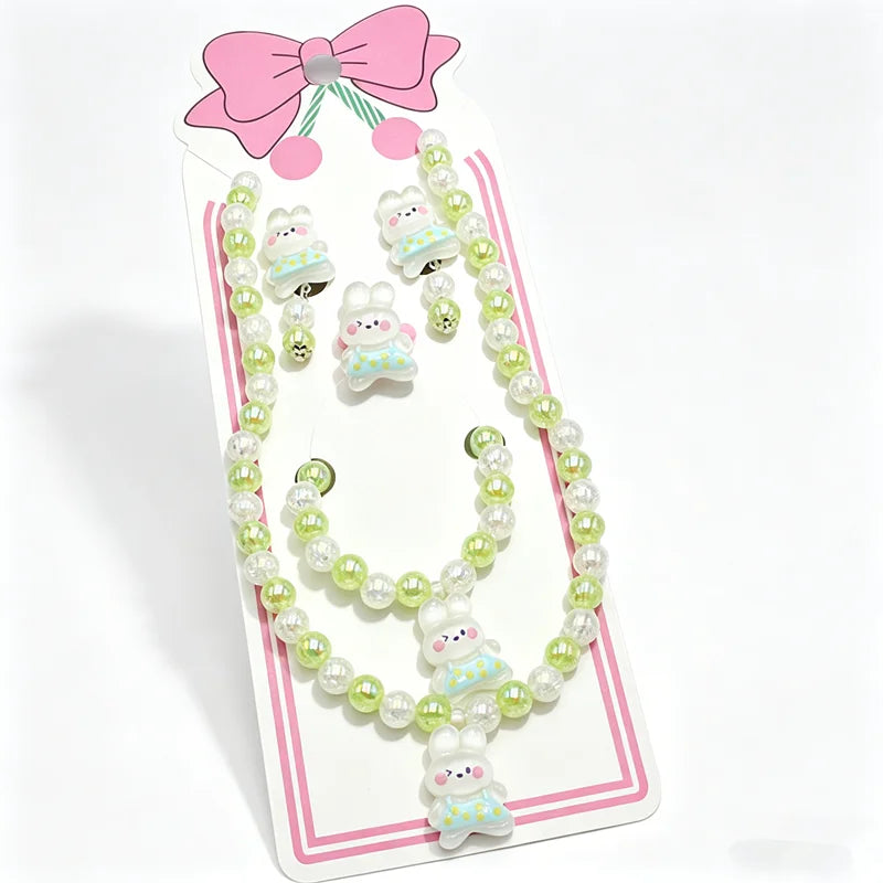1 Set Handcrafted Unicorn Kids Beaded Jewelry set Cute Animal Necklace Bracelet Ring and Hair Clips Set for Little Princess Gift
