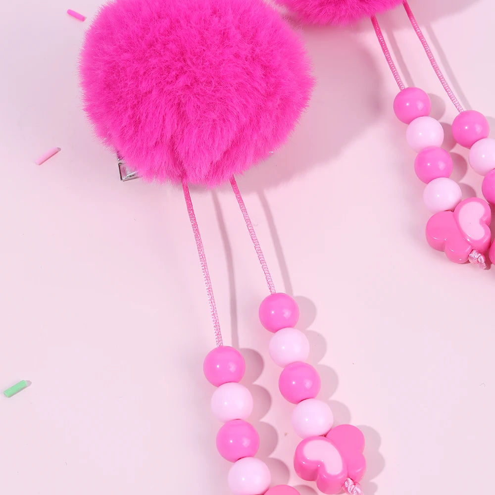 2Pcs Pom-Pom Hairpins Cute Fluffy Ball Hair Clips With Butterfly Beads Dangle Barrette For Girls Children Headwear Accesories