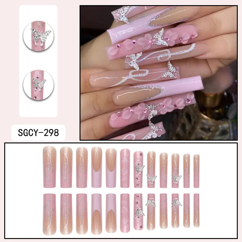 24 Pieces of Ultra Long Coffin Shaped press on nails French&gradient&flower Pattern 3D Butterfly Dot Diamond Glossy Fake Nails